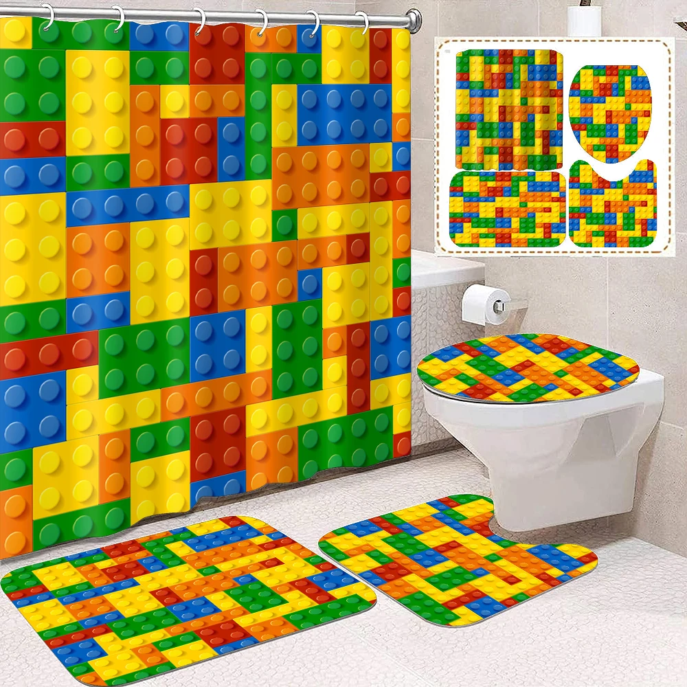 

4-piece set of colorful block printed waterproof shower curtains with 12 hooks and bathroom floor mats