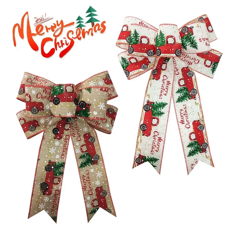 Creative Christmas Ribbon Bow Imitation Hemp Truck Pattern Printed Hanging Decoration Christmas Tree Decor Bow Spot Wholesale