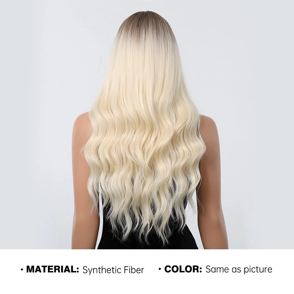 Lange natuurlijke golvende lichtblonde kantpruiken voor vrouwen Synthetische pruiken voor dagelijkse haarlijn Kanten haarpruiken Hittebestendige cosplayfeest