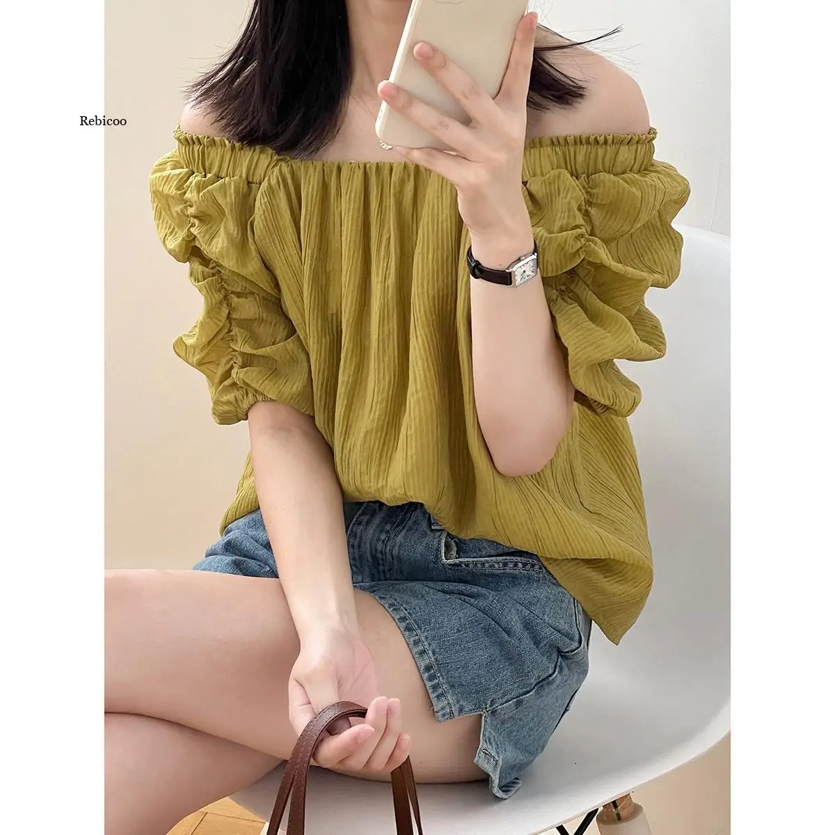 

2022 Summer New Design Off Shoulder Sweet Solid Square Collar Half Casual Women Shirts