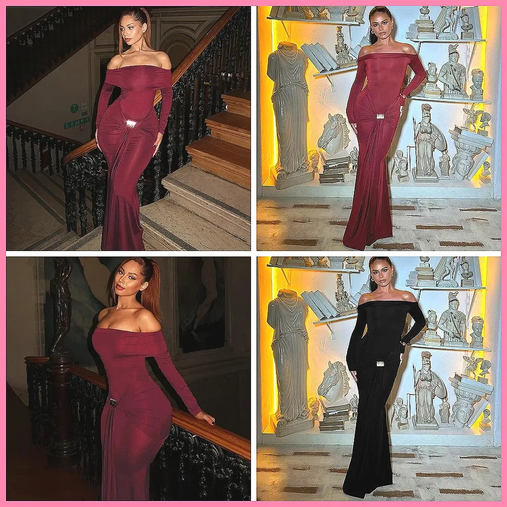 

Elegant One Shoulder Evening Dress, Skinny Stretch Gown for Autumn Winter Party