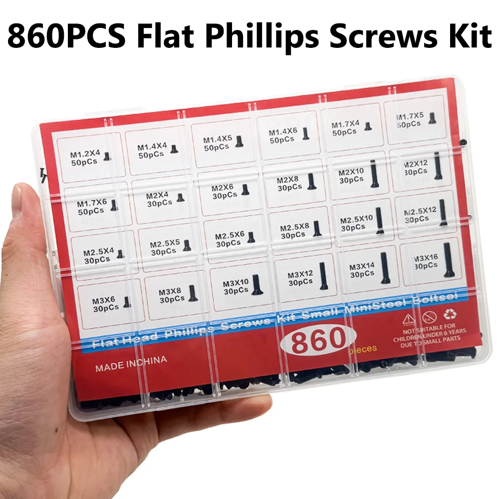 860pcs Computer Screw Assortment Kit Black Small Eyeglass Screws M1.2-M3 for PC Laptop SSD Hard Drive Repair Tiny Screws Set