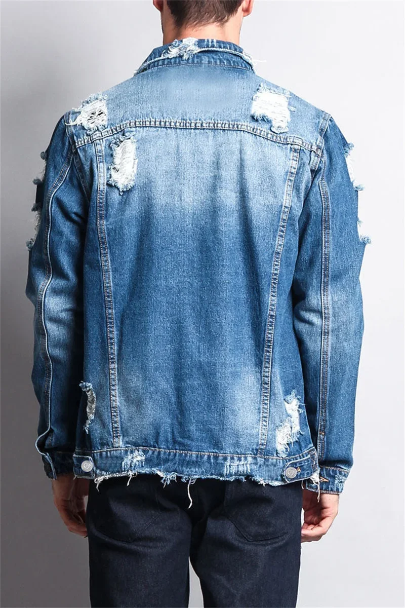 Fashion Trend Men's Broken Holes Denim Jacket Street Casual Male Youth Single-breasted Splicing Pocket Long Sleeve Slim Fit Coat