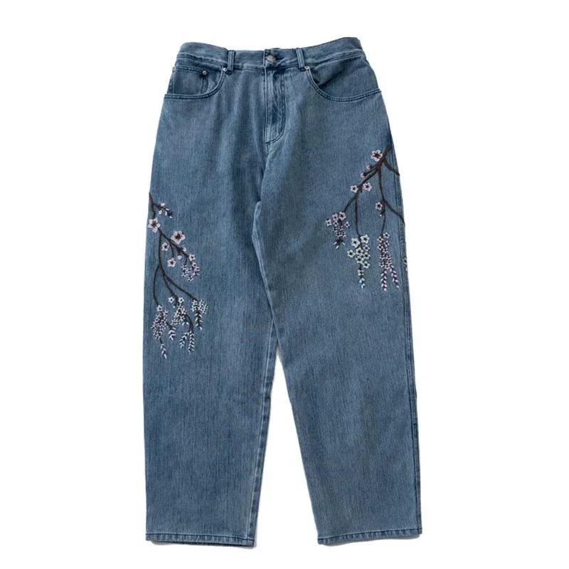 

New Arrival Japan Style Elements Plum Blossom Embroidery Washed Denim Jeans for Men Long Pants