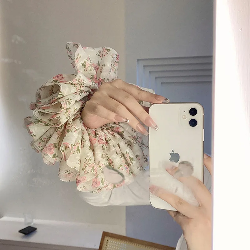 High-end fresh girls oversized floral hair ring layered chiffon satin hair rope leather cover female head rope hair accessories