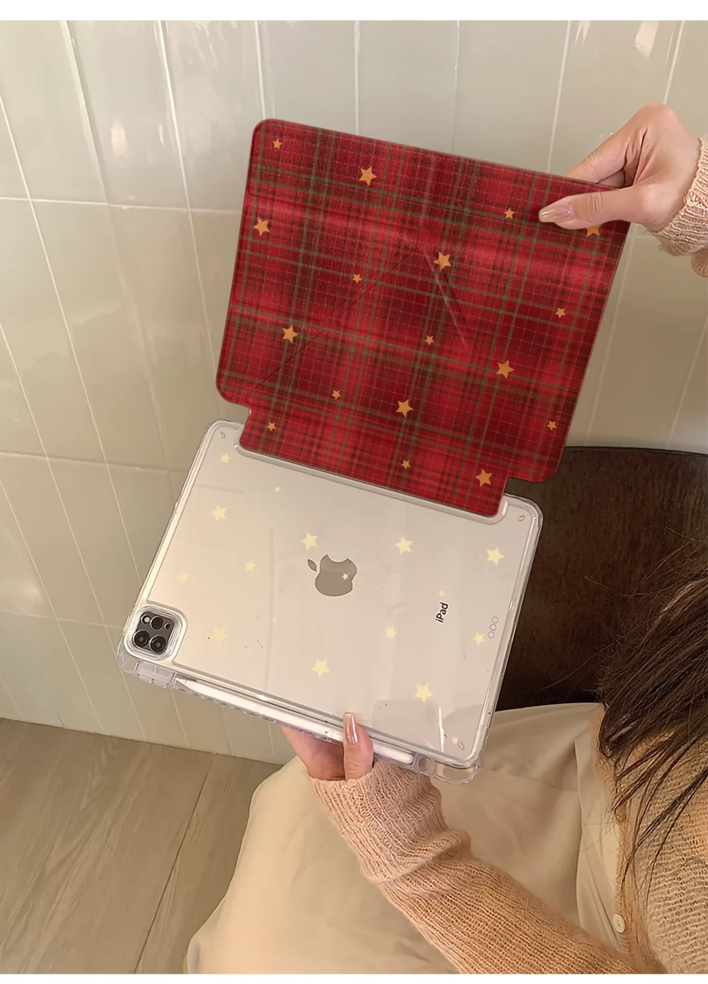 

Корейский красный чехол-накладка с сетчатым узором и звездами, с отсеком для стилуса, для iPhone iPad Mini 4 5 6 7 8 9 10 Air 1 2 3 M2 M3 A16 Pro M4 M5