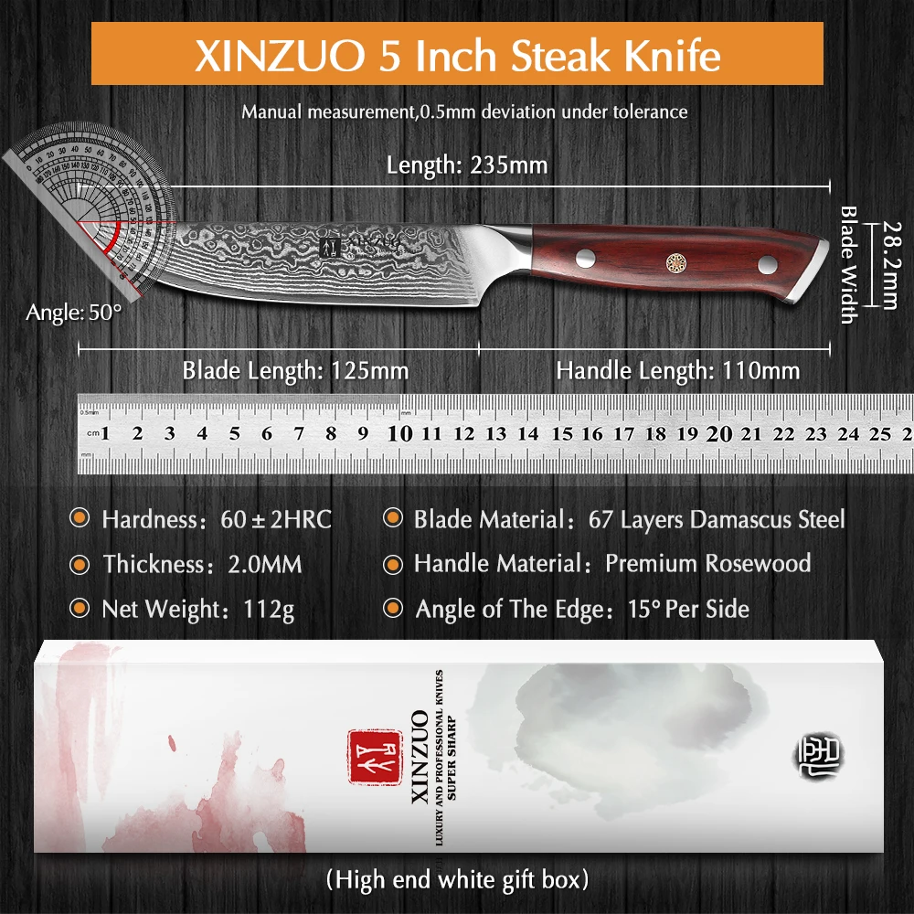 XINZUO 5'' Inch Steak Knife Damascus VG10 Steel Kitchen Knives High Quality Cutter Tools Utility Knife with Rosewood Handle