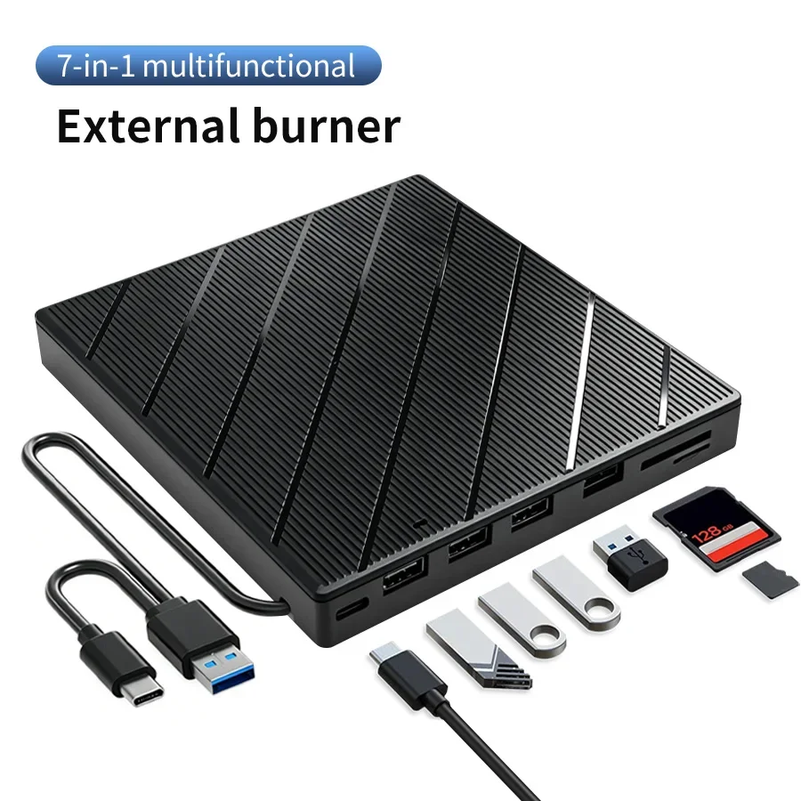 External DVD Drive USB 3.0 Type-C 7 in 1 CD DVD Burner Writer Reader Portable Optical Drive for Laptop Desktop Mac Windows Linux
