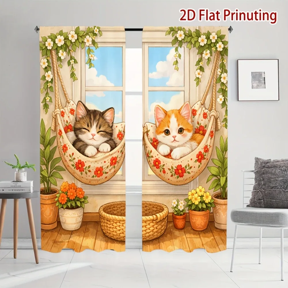 Cute Cat Hammock Window Curtain Panels for Living Room Nursery Boho Home Decor Sunlight Filter