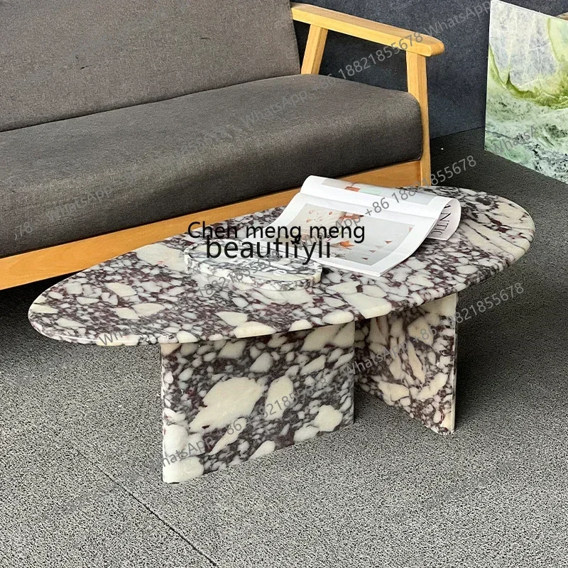 

X Italian light luxury card purple marble coffee table modern oval tea table living room designer coffee table