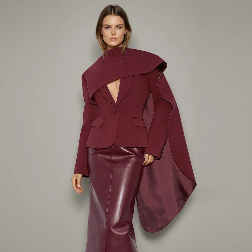 

Spliced Pockets Jackets For Women Scarf Collar Long Sleeve Temperament Designer Coats Female Fashion Style New