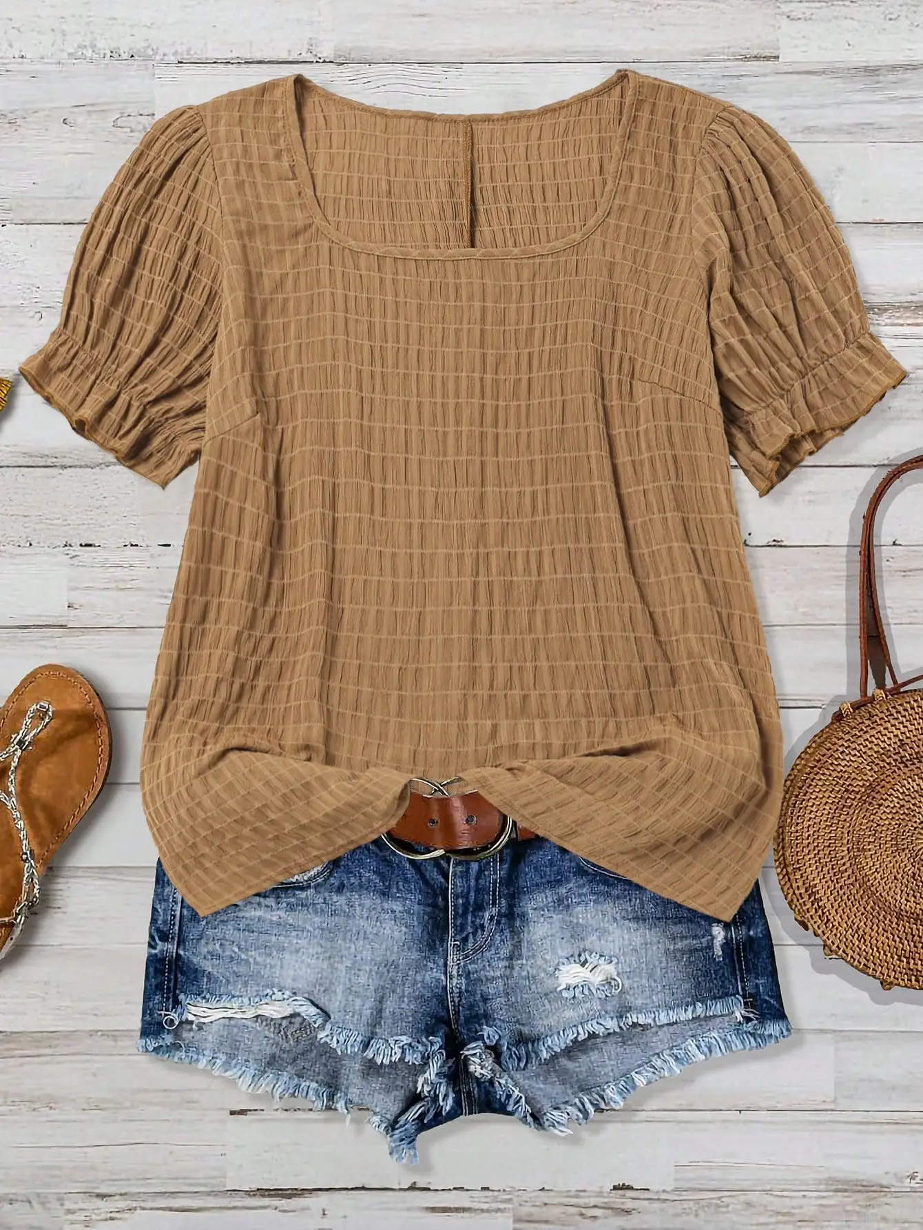 

Loose Fit Square Neck Short Sleeve Blouse with Grid Texture, Summer Casual Wear