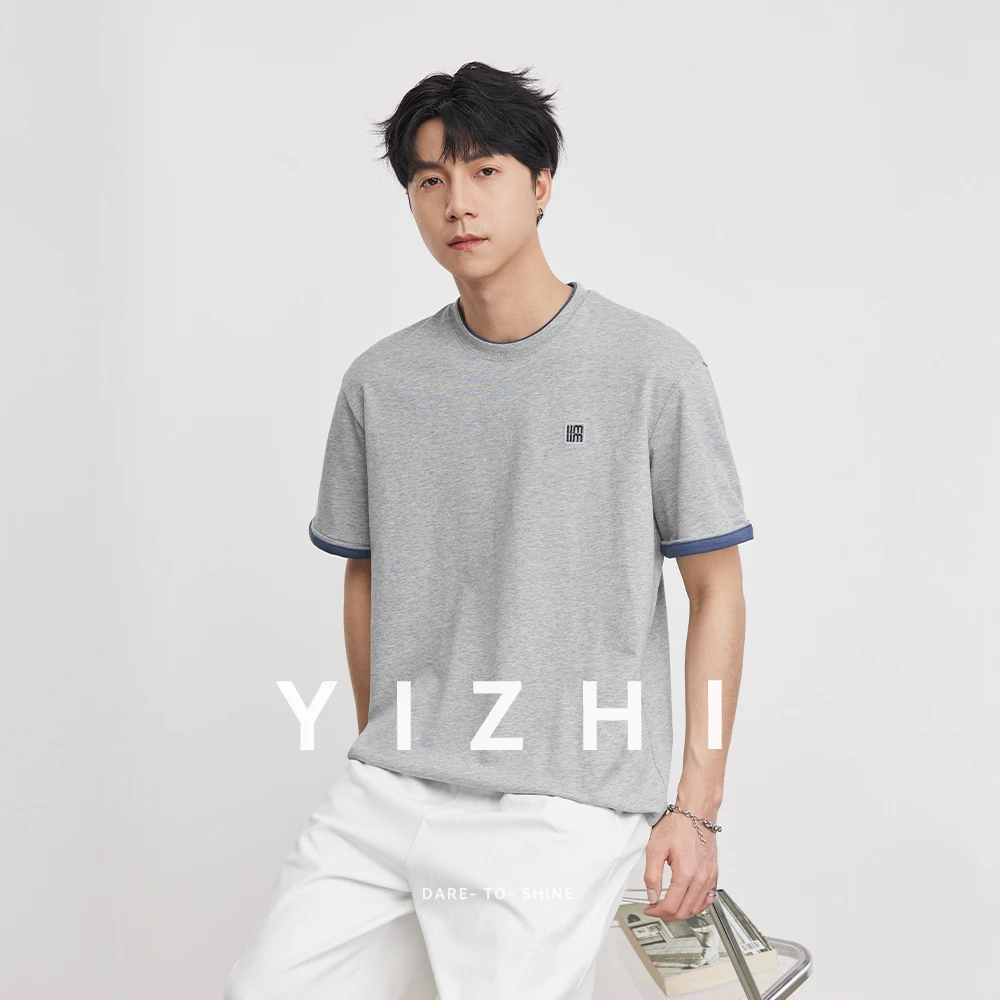 260g Heavyweight Contrast Color Crew Neck Short Sleeve T-Shirt Men Summer Casual Slightly Dropped