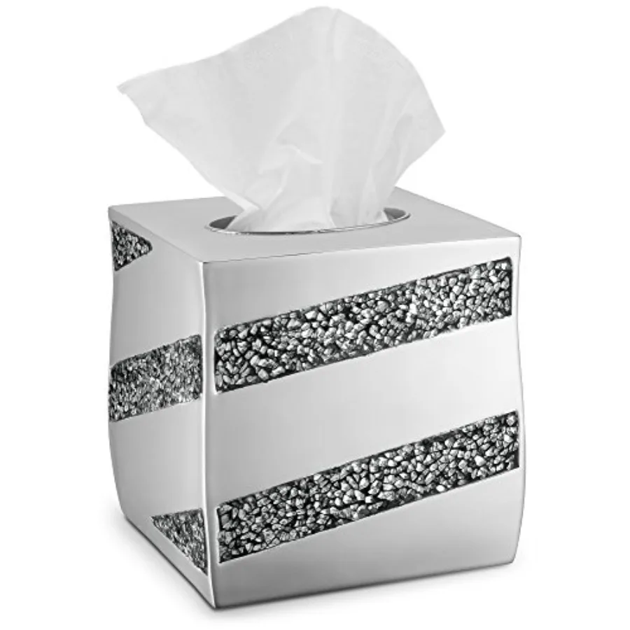 

Silver Mosaic Tissue Box Cover Square - Decorative Tissue Box Holder for Bathroom with Durable Bottom Slider, Beautiful Silver