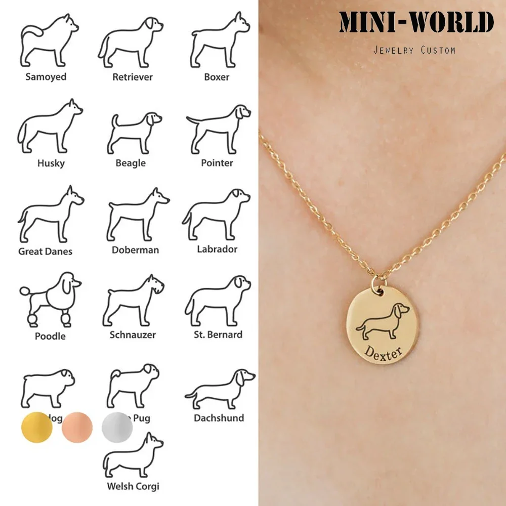 

Mini-World Custom Engraved Dog Shape Name Necklace Stainless Steel Round Pendant Cute Pet Dog Accessory Jewelry Memorial Gift