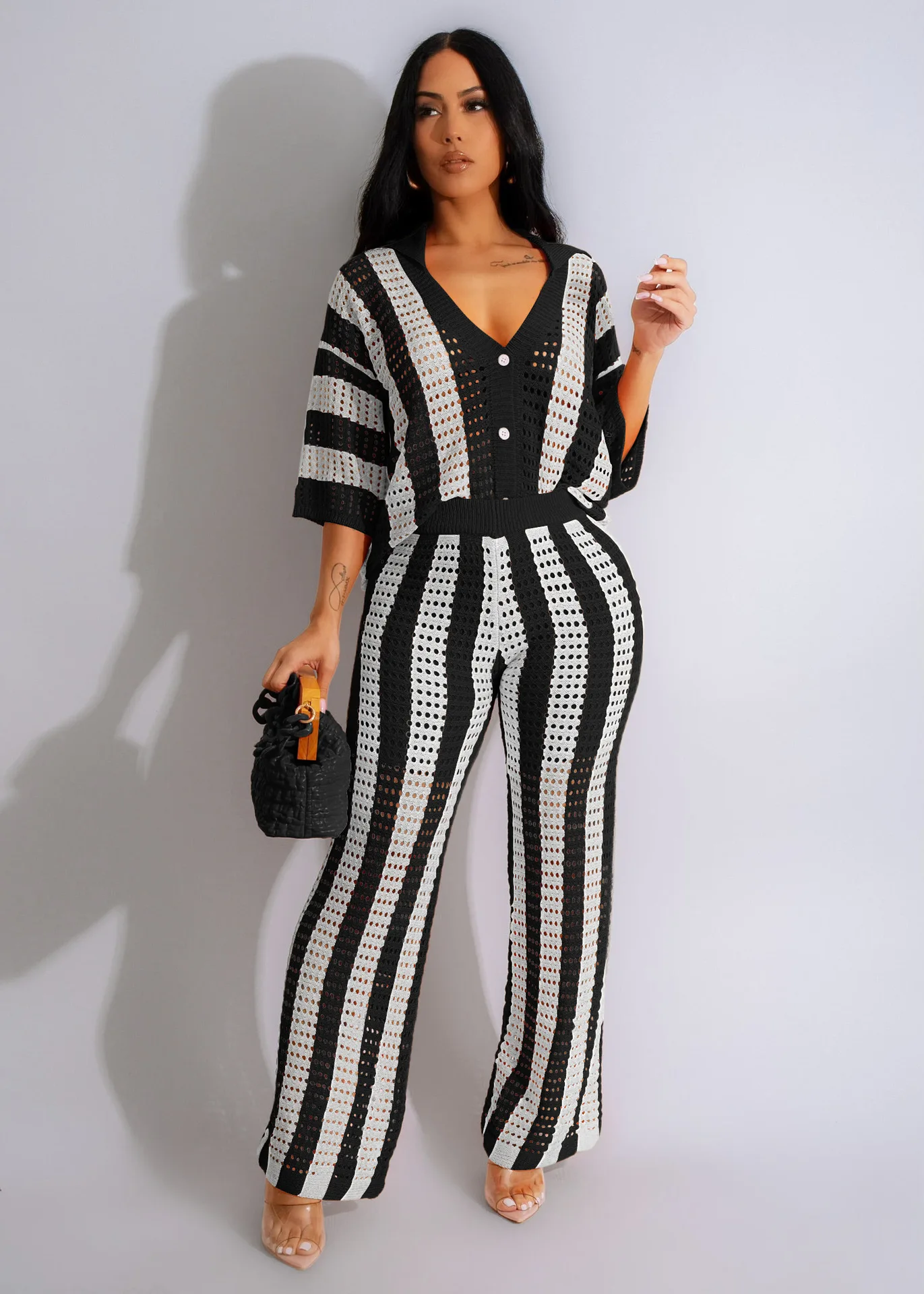 

single beasted Casual 2 Piece Set Women v neck Tops+wide eg pants Soft Stretch Streetwear Female knit Pant Two Piece Set