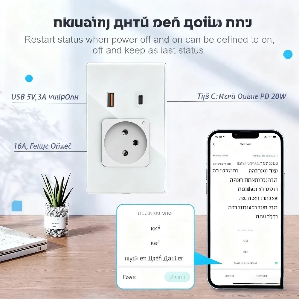 Shawader Tuya Israel Wall Socket USB Type-C PD 30W Charge Wifi Smart Plug Outlet Glass Panel Remote Control by Alexa Google Home