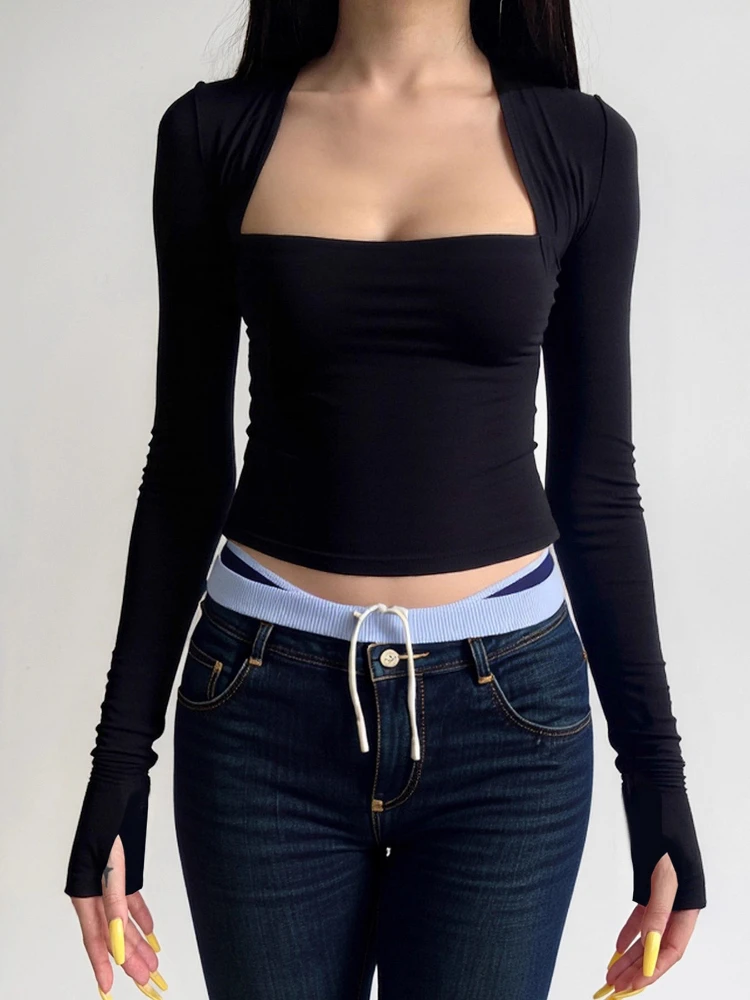 

Y2k Aesthetics Sexy Square Collar Vintage T-shirt 2025 Autumn Harajuku Cropped Tops Fake Two Pieces Solid Bodycon Grunge Tees