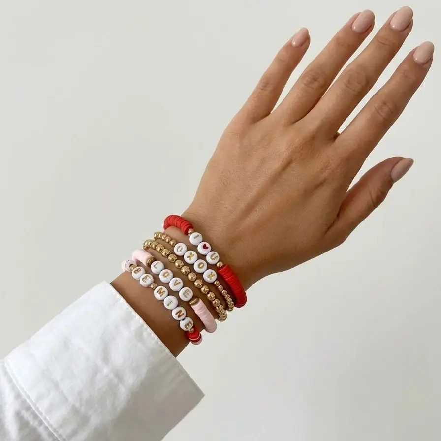 

Handmade Polymer Clay Heishi Beads Multilayer Bracelet for Women Bestie Y2K Stackable Wristband Jewelry Valentine Galentine Gift