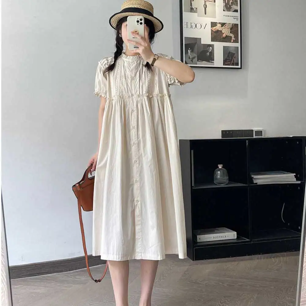 

Japanese Sweet Mori Girl Hollow Out Solid Color Midi Dress Women Summer Stand Ruffled Collar Short Sleeve Single Breasted Dress