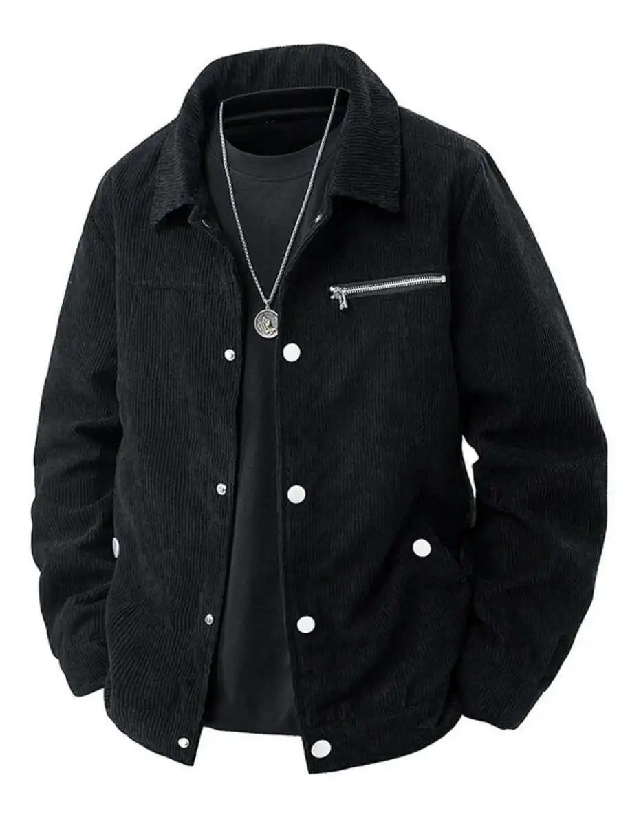 

Men's Corduroy Jaet Spring New Sle Single Button Casual Coat Youth Loose Fit Zipper Decoration Waed Proced Outerwear
