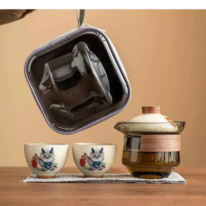 Dragon Pattern Travel Tea Set Outdoor Camping Portable TeaPot Teacup Kettle One Pot  Two Cups Kung Fu Teas Teaware Sets
