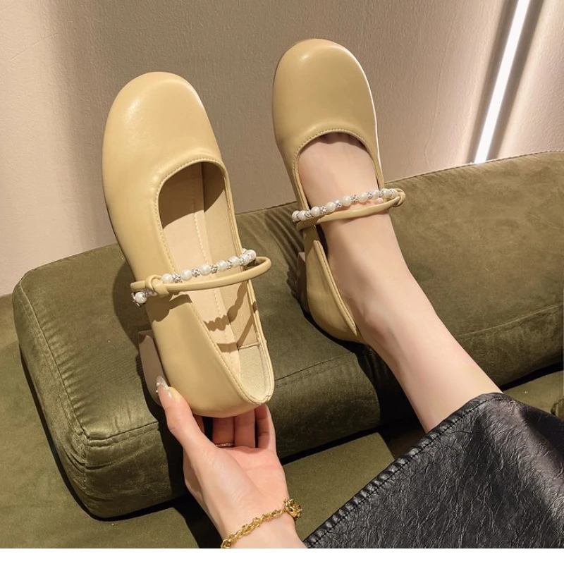 Elegant Ladies Pearl Band Mary Janes Shoes Round Toe Cozy Flock Ballet Flats Women Solid Color Beading Mules Chaussures Plates