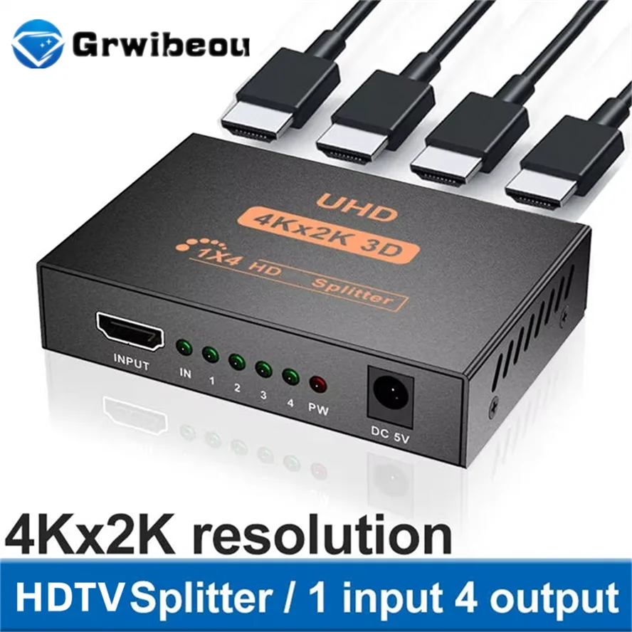 1X4 Konverter Pemisah Yang Kompatibel dengan HDMI 1 Dalam 4 Keluar HD 1.4 Amplifier Pemisah HDCP 4K 1080P Tampilan Ganda untuk HDTV DVD PS3 Xbox