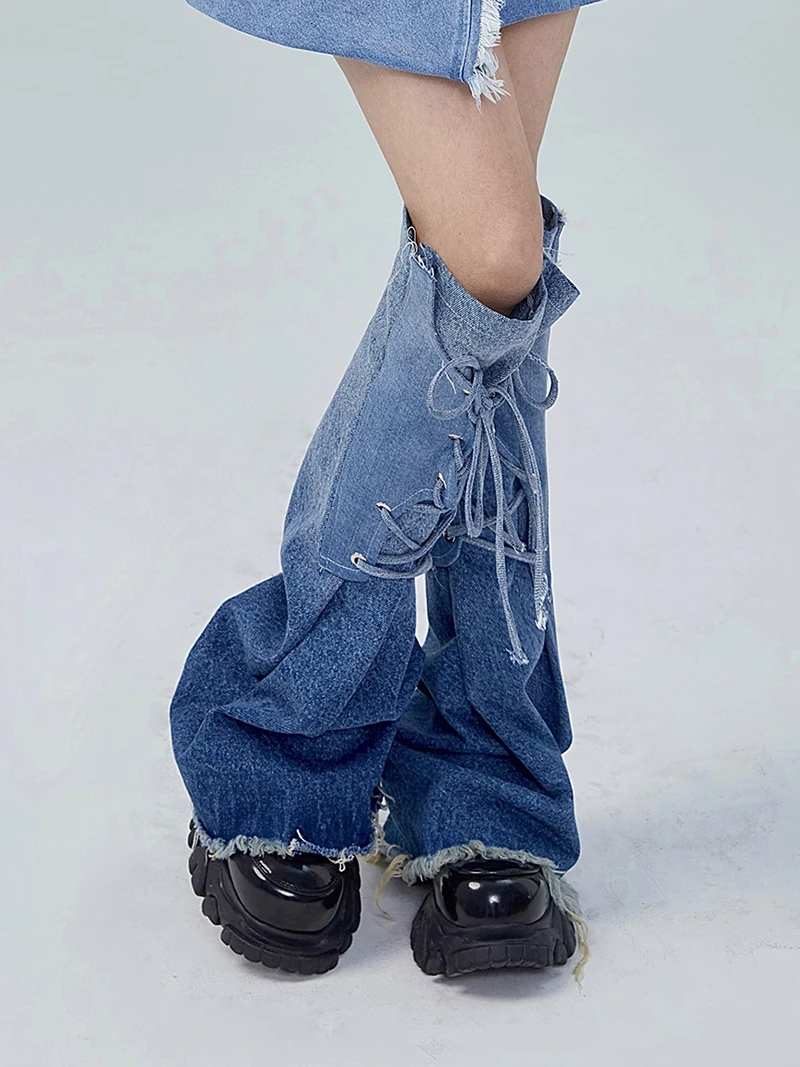 REDDACHiC Lace Up Gradient Blue Women Leg Warmers Denim Boots Cover Y2k Grayu Japanese Girl Leg Gaiters Flared Knee Long Socks image 3
