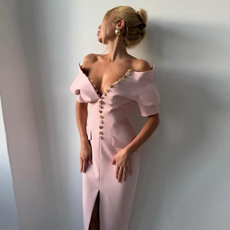 2026 Sommer Stehkragen Einfarbiges Damen-Midikleid Elegantes Einreihiges Kurzarm-Slim-Kleid Modisches Neues Damen-Langes Kleid – Detail 15