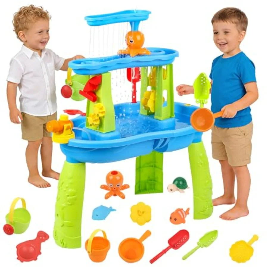 2026 Upgraded Toddler Sand Water Table Toy for Outdoor Summer Beach Sensory Play, Blue Plastic Table with Enhanced Stability an