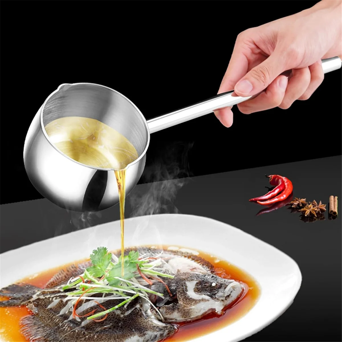 A53TT جهاز تسخين الزبدة الصغير بمقبض طويل وعاء لتدفئة الحليب وعاء صغير SUS316 ثلاثي الطبقات من الفولاذ المقاوم للصدأ (300 مل)