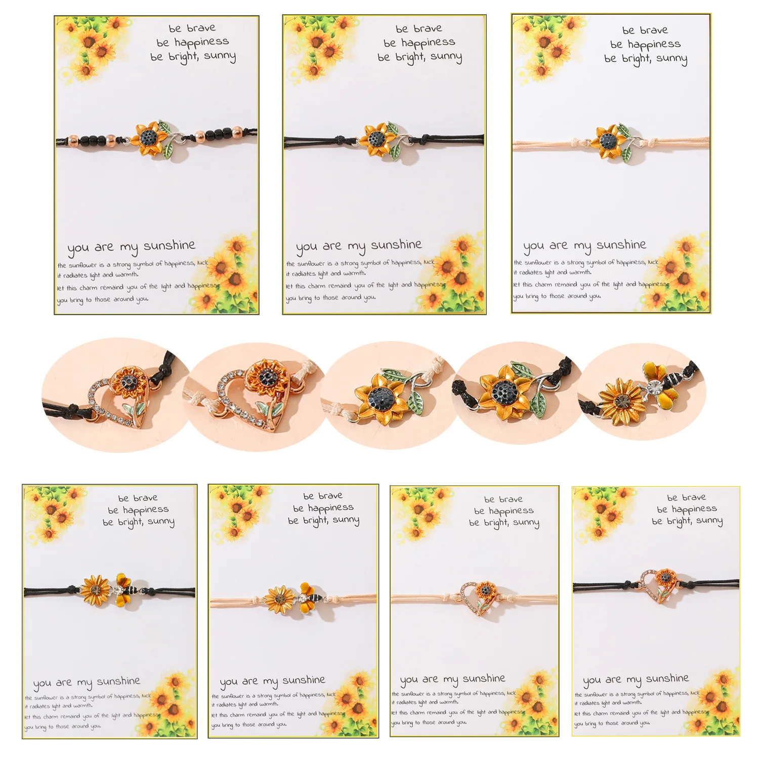 Wholesale of New Heart shaped Sunflower Bracelet Metal Dropping Oil Hand Knitted Handrope Card Handicrafts Gift