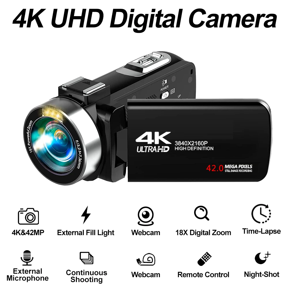 

4K 42MP HD Portable Digital photography 3840*2160P Camera Photo Video Record DV Travel 18X Zoom IR Webcam With Rotatable Screen