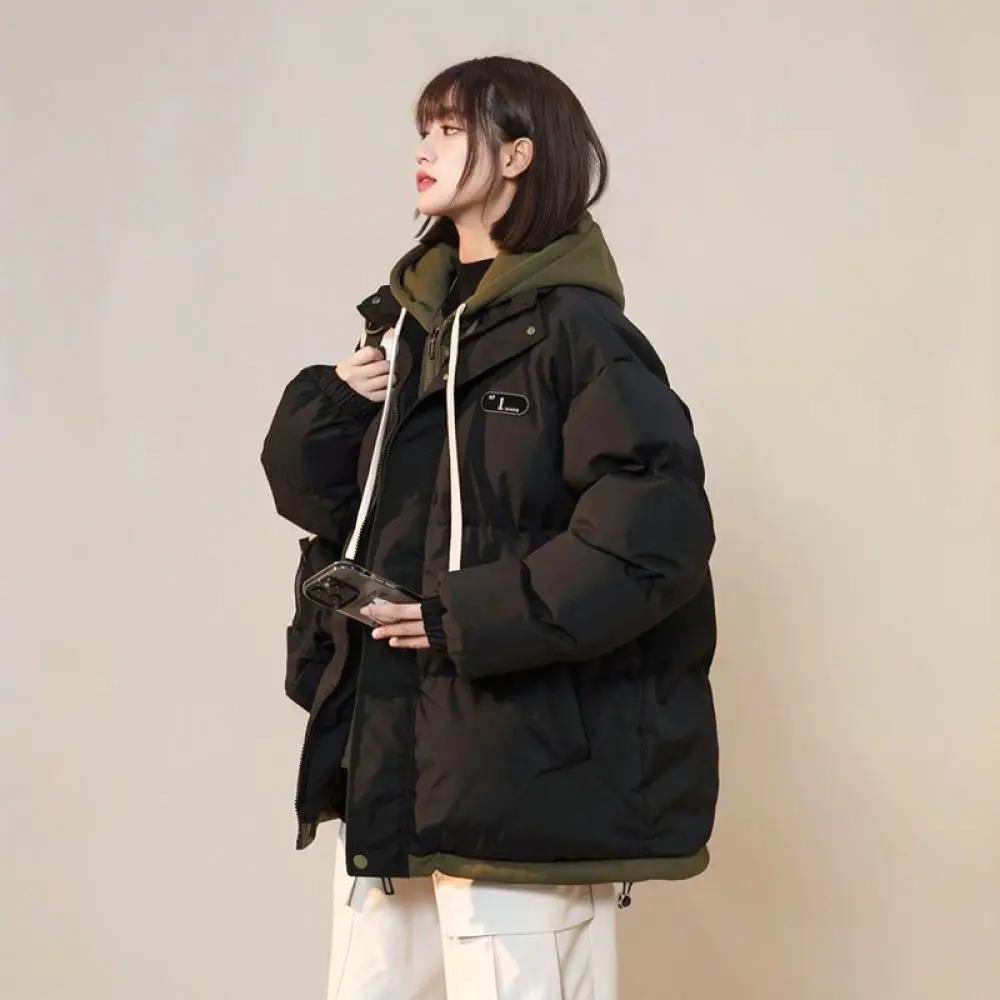 Thickened Warm Cotton Coat Women Winter Loose Bread Jacket Fake Two Piece Hooded Puffer Streetwear Casual Couple Outwear