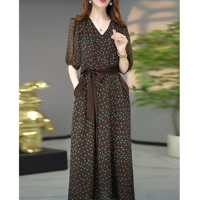

Женское летнее модное платье макси с коротким рукавом и V-образным вырезом, женское платье в горошек с разрезом для женщин, тонкое платье в стиле бохо для пляжного отдыха S299