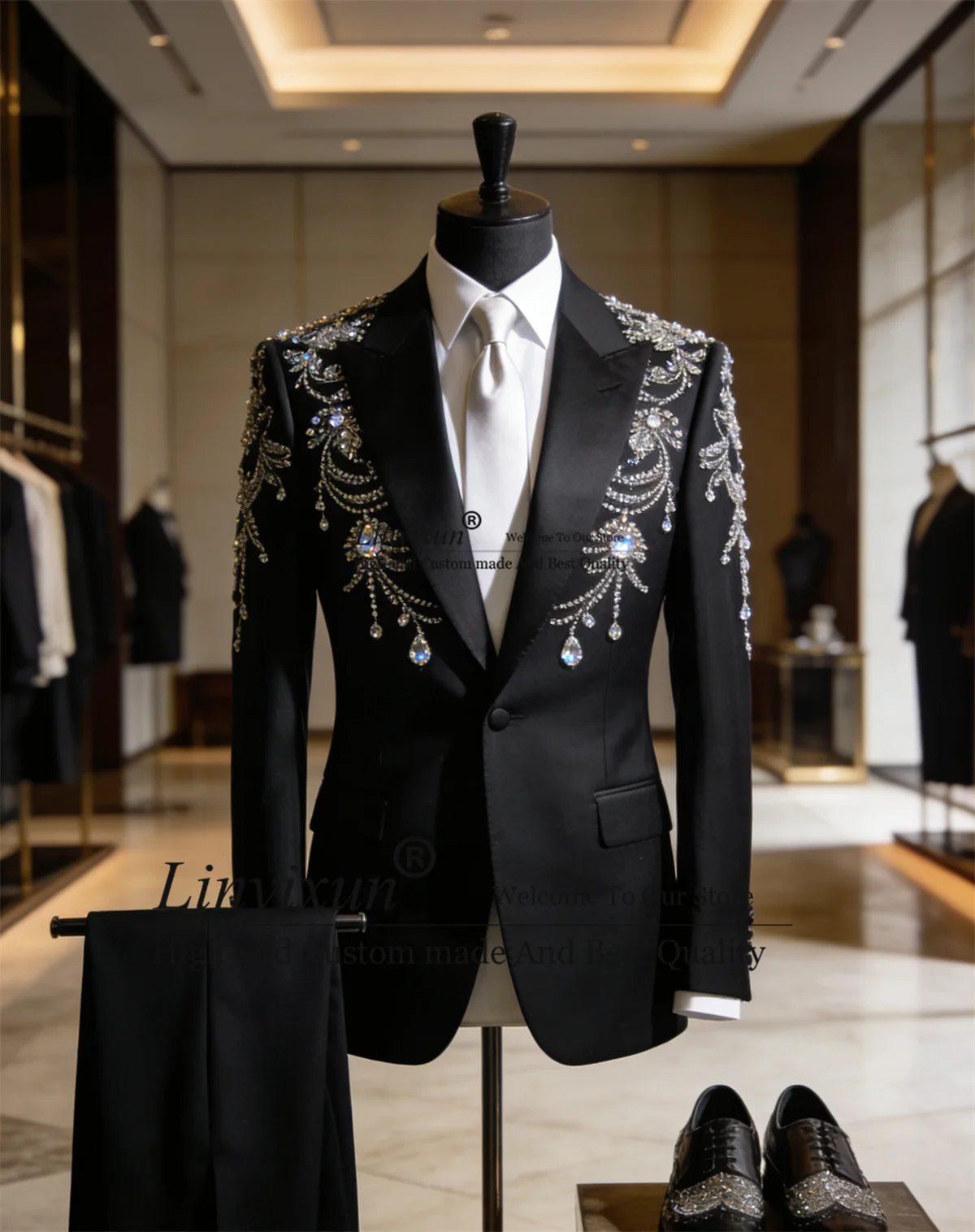 

Luxury Rhinestons Gem Men Suits 2 Piece Set Male Prom Blazers Customized Wedding Groom Tuxedos Slim Peaked Lapel Costume Homme