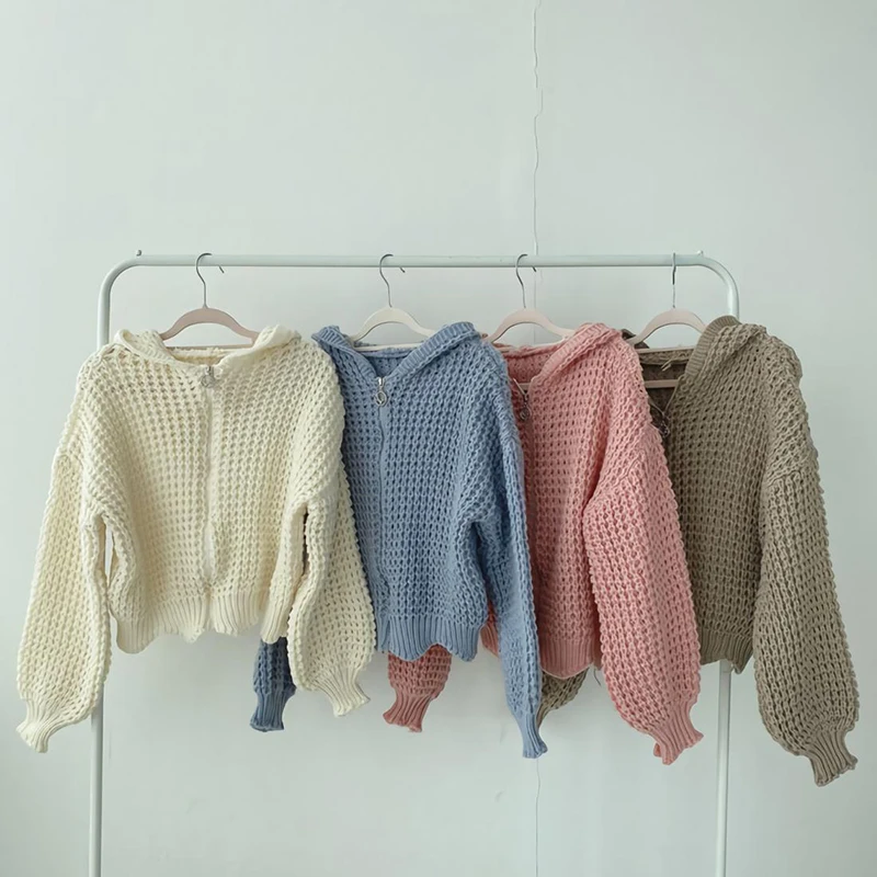 Korean Chic Hooded Cardigan Sweater Women Fashion Elegant Sweet Crop Top Autumn Harajuku All Match Knitted Zipper Casual Sweater