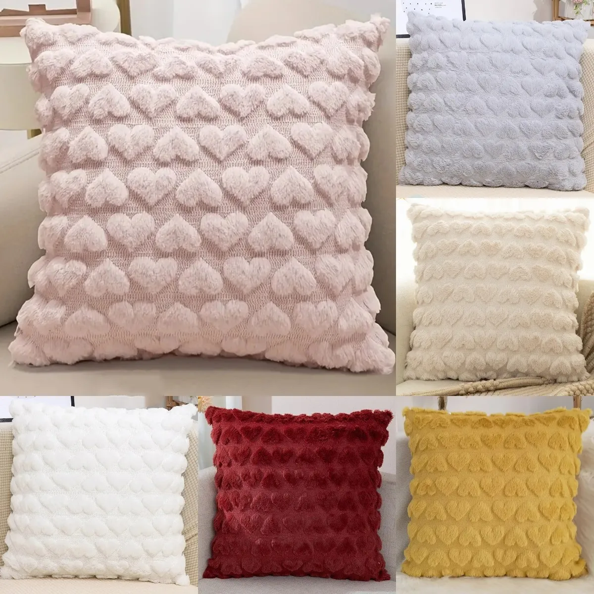 Solid Color Plush Love Heart Soft Pink Throw Pillow Cover Pillow case Sofa Cushion Cover for Living Room Decoration 45x45cm