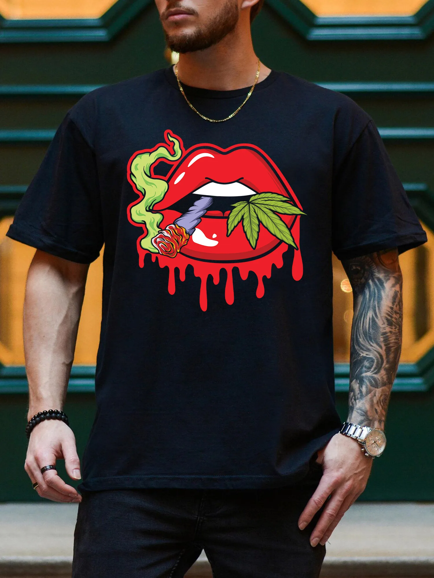 

Мужская футболка с рисунком Leaf And Lips, повседневная черная футболка из чистого хлопка, легкая футболка с круглым вырезом