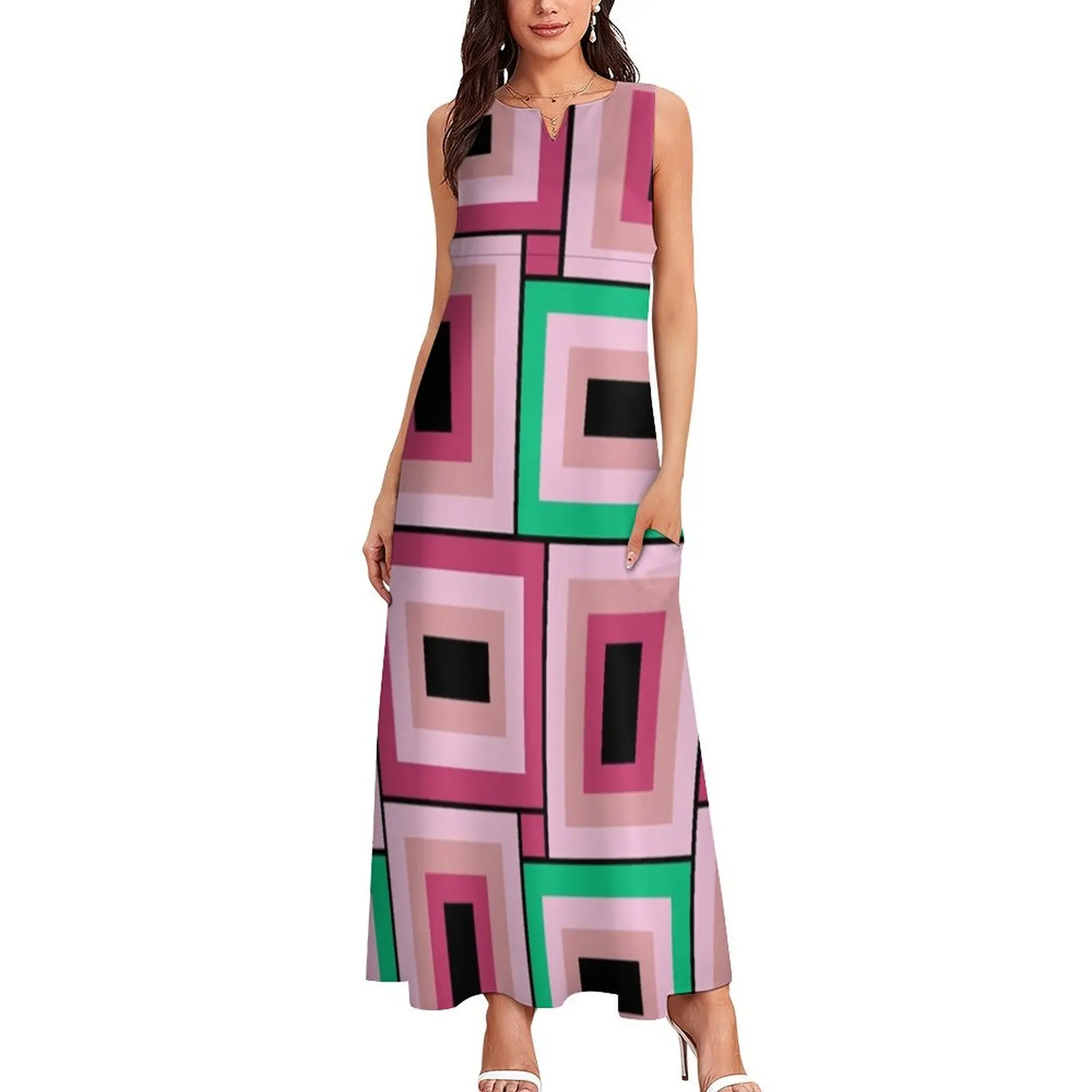 Mid-Century Modern Pink And Green Rectangles Pattern Long Dress Women's evening dress Casual dresses