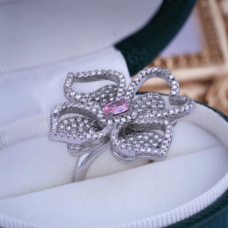 

Luxury Ring for Women High Quality Full Diamond Zircon Flower Ring Jewelry 925 Silver Plated Engagement Ring Adjustable Jewelry