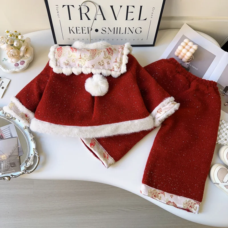 

Girls' New Year Outfit Set Winter New Thickened Hanfu Jacket and Pants for Girls2025Two-Piece Set