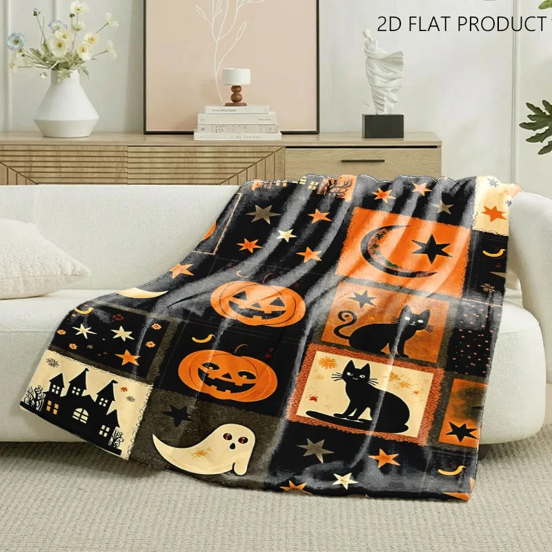 Halloween Themed Patchwork Fleece Throw Blanket, Spooky Playful Pattern with Black Cats, Jack-o'-Lanterns, Ghosts & Haunted Houses, Cozy Festive Cover in Multiple Specs, Ideal for Bedroom, Living Room, Sofa & Daily Napping
