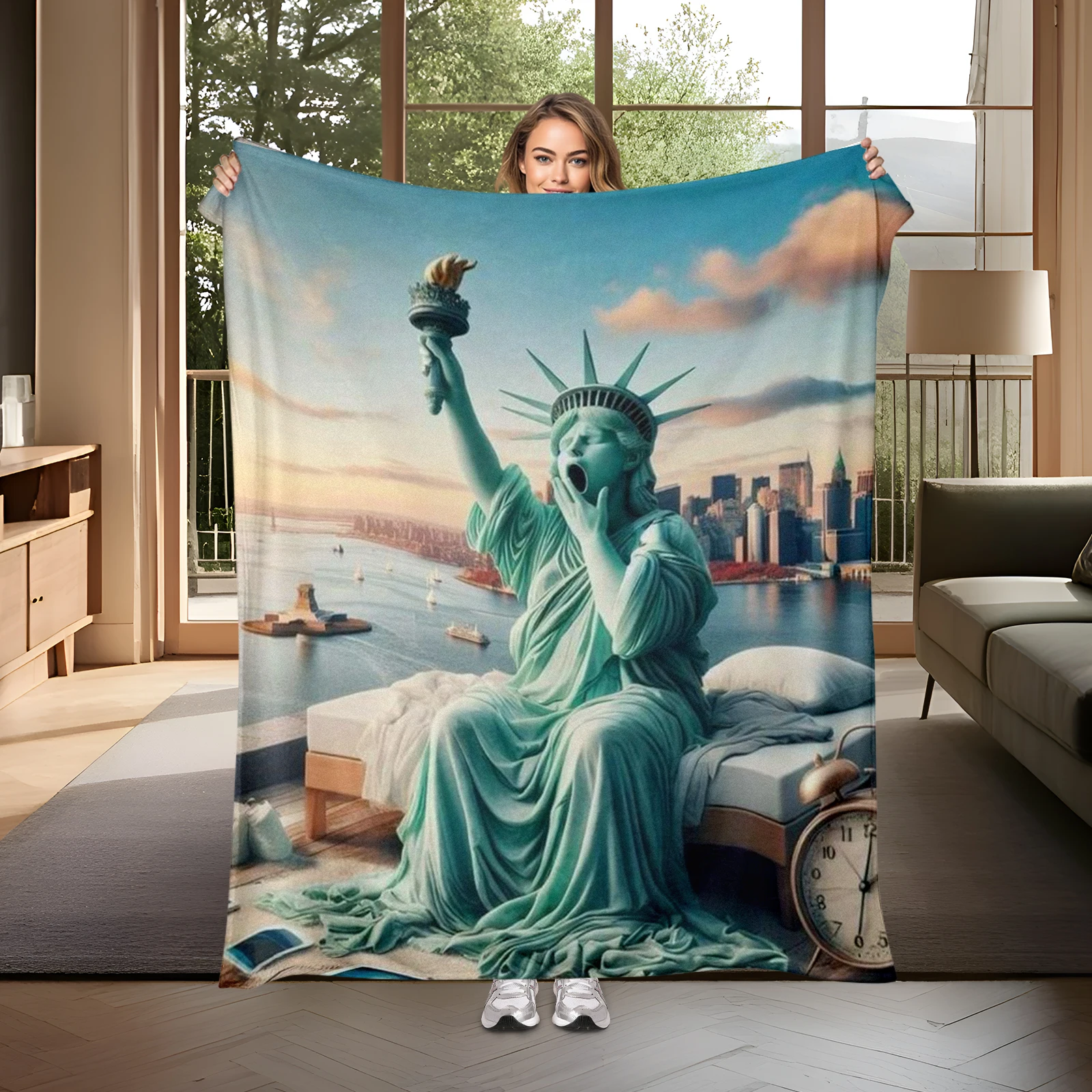 Cozy Cartoon Statue Of Liberty Waking Up Blanket Perfect For Family And Friends Bringing Joy