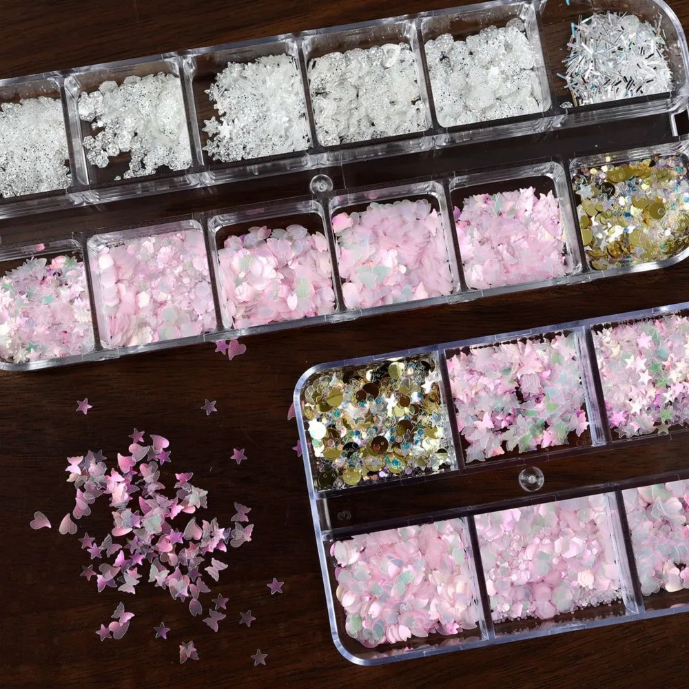 1Box Sparkly Holographic Laser White Pink Nail Glitter Sequins Mix Heart Star Butterfly Iridescent Flakes Decor Manicure Charms