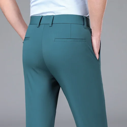 Imagen 2 del producto Nuevos pantalones de traje de negocios elásticos de seda de hielo de verano para hombre, pantalones formales rectos elásticos de color verde militar y azul para oficina