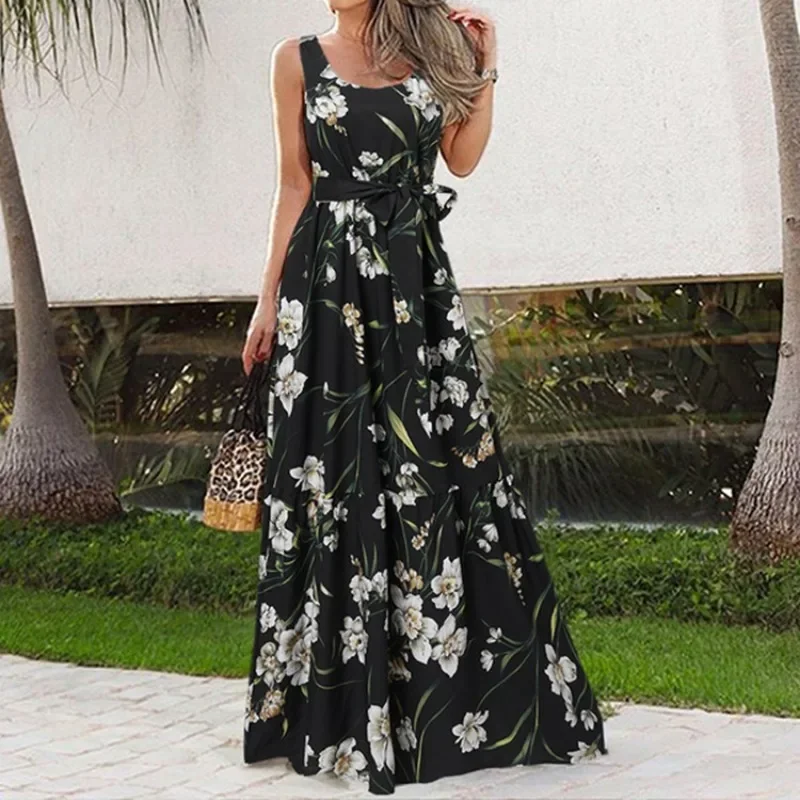 New Women's Spring Summer Elegant Square Neck Sleeveless Printed Long Dress Fashion Leisure Beach Vacation Belt Long Dress