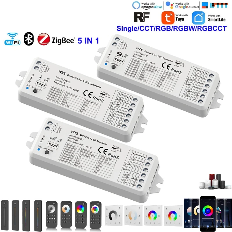 WT1 Tuya Wifi Led CCT Controller DC12V 24V 2CH*5A WW CW 2.4G RF 4-zone Remote Dimmer Switch Smart Life Voice Control For Alexa