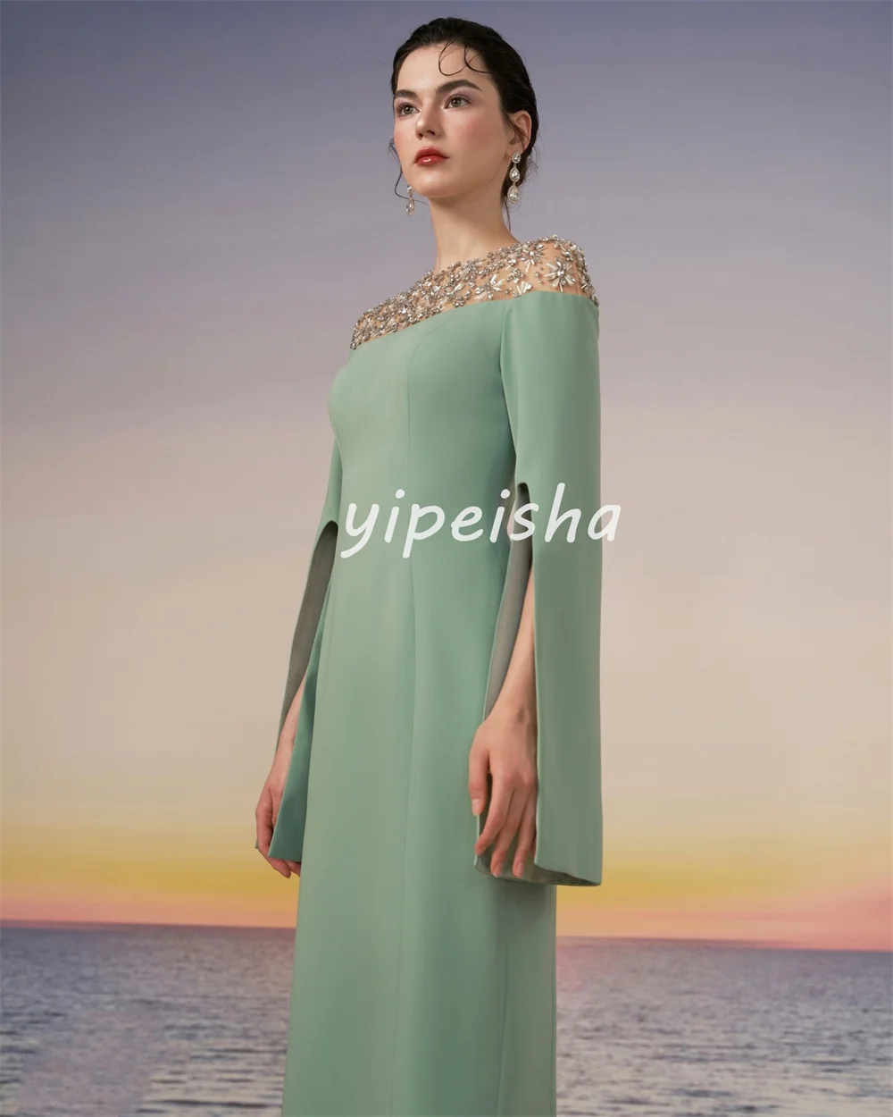 Customized Sparkle Intricate Jersey Pleat Rhinestone Straight Scoop Neck Long Dresses Evening Dresses Exquisite High Quality